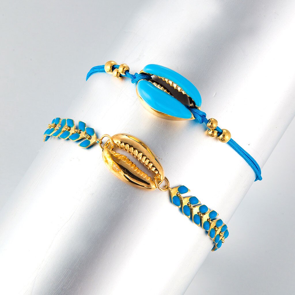 Bohemian Beaded Ankle Bracelets Set Multilayer Sea Shell Charm Knitted Blue Theme Bracelets Women Anklet Foot Jewelry