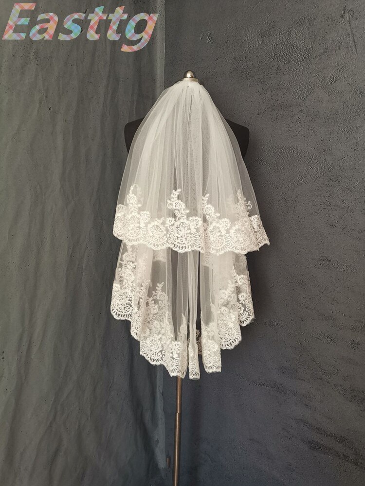 Veu De Noiva Wit Ivoor Elleboog Lengte Sluier Veils Twee Layer Lace Bridal Accessoires Sluier Met Kam Velos De novia