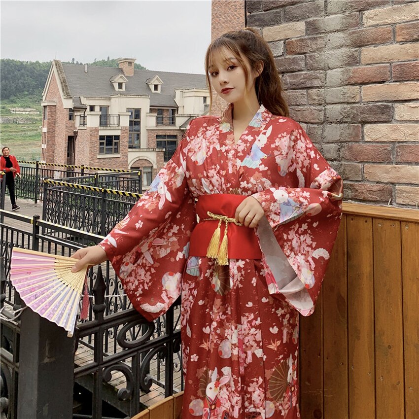 Vestido Kimono tradicional para mujer, manga larga, estilo japonés, Vintage, Yukata con cinturón, Kawaii, Furisode Performance