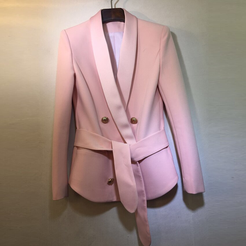 hoch Straße Neueste Blazer frauen Schal Kragen Zweireiher Metall Tasten Gürtel Blazer Jacke: Rosa / XL