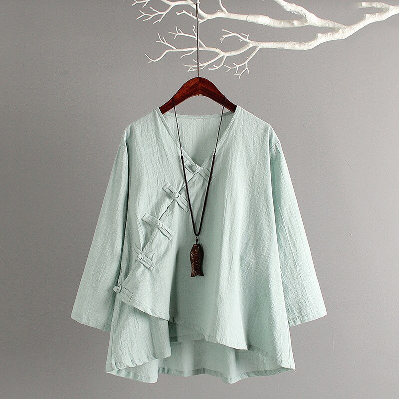 Women Chinese Traditional Retro Style Qipao Tops Pants Wide Leg Trousers Zen Tea Vintage Cheongsam T-shirt Tang Suit Hanfu Set: green tops