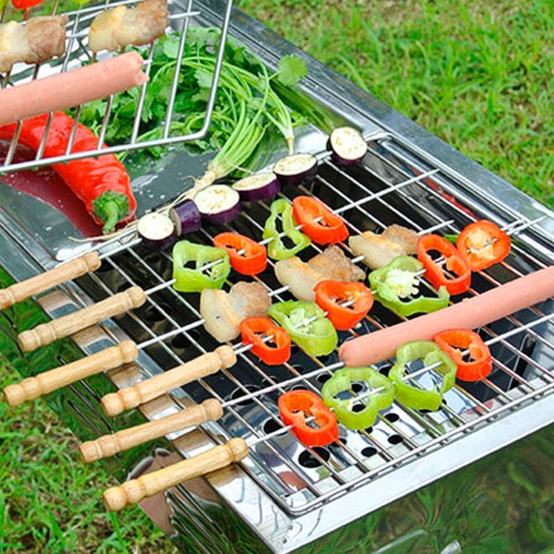 Stainless Steel BBQ Roast Barbecue Skewer Grill Kebab Needles Stick Wood Handle