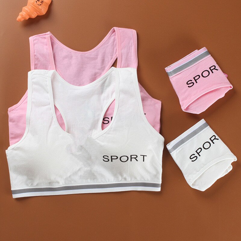 Nastolatki dziewczęta stanik sportowy bielizna erotyczna bielizna bezprzewodowa nastolatek dziewczyny biustonosz sportowy z majtkami bawełniane dziewczęcy biustonosz treningowy zestaw