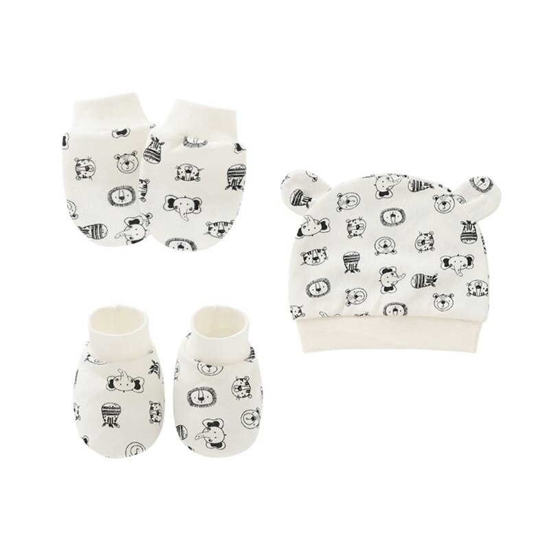 Baby Pasgeboren Wanten Sokken Mutsen Cap Kit Zuigelingen Anti Krassen Katoenen Handschoenen + Oren Hoed + Voet Cover Set