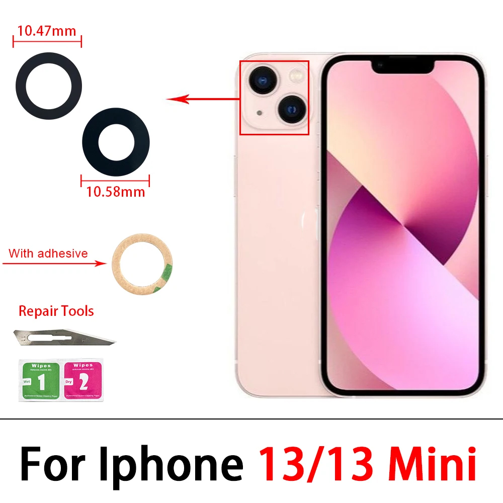 2Pcs，Rear Back Camera Glass Lens For IPhone 15 14 Plus 13 12 mini 11 Pro Max Camera Glass With Glue Adhesive Sticker Repair Tool: WHITE