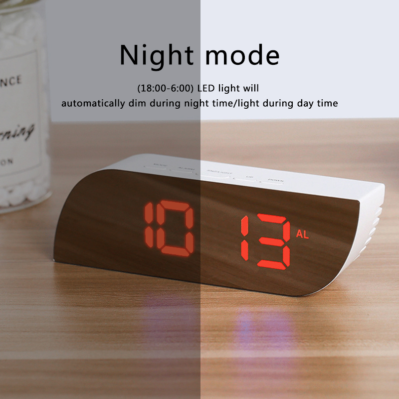 Digital Mirror Clock LED Night Lights Temperature Snooze Function Alarm Clocks USB Table Desk Clock Home Decor Battery Use