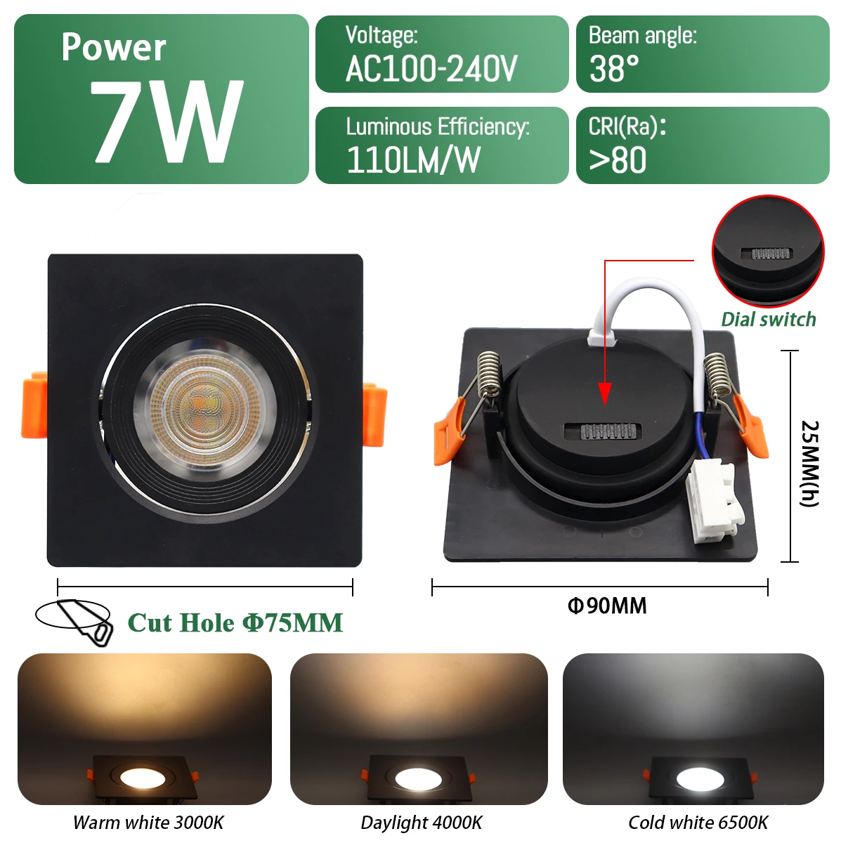 2 uds foco LED empotrable Dial Swich CCT luz de techo ajustada de 3 colores AC 120V 220V 3000K 4000K 6500K iluminación interior: YELLOW