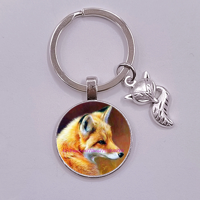 Porte-clés en verre, renard et fleur de dessin animé pour femmes, joli Animal coloré pour filles: Midnight blue