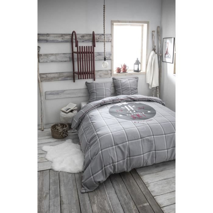 TODAY Edredón 100% algodón MONTAÑA DE ESQUÍ 240x260cm + 2 fundas de almohada 63x63 cm - Gris