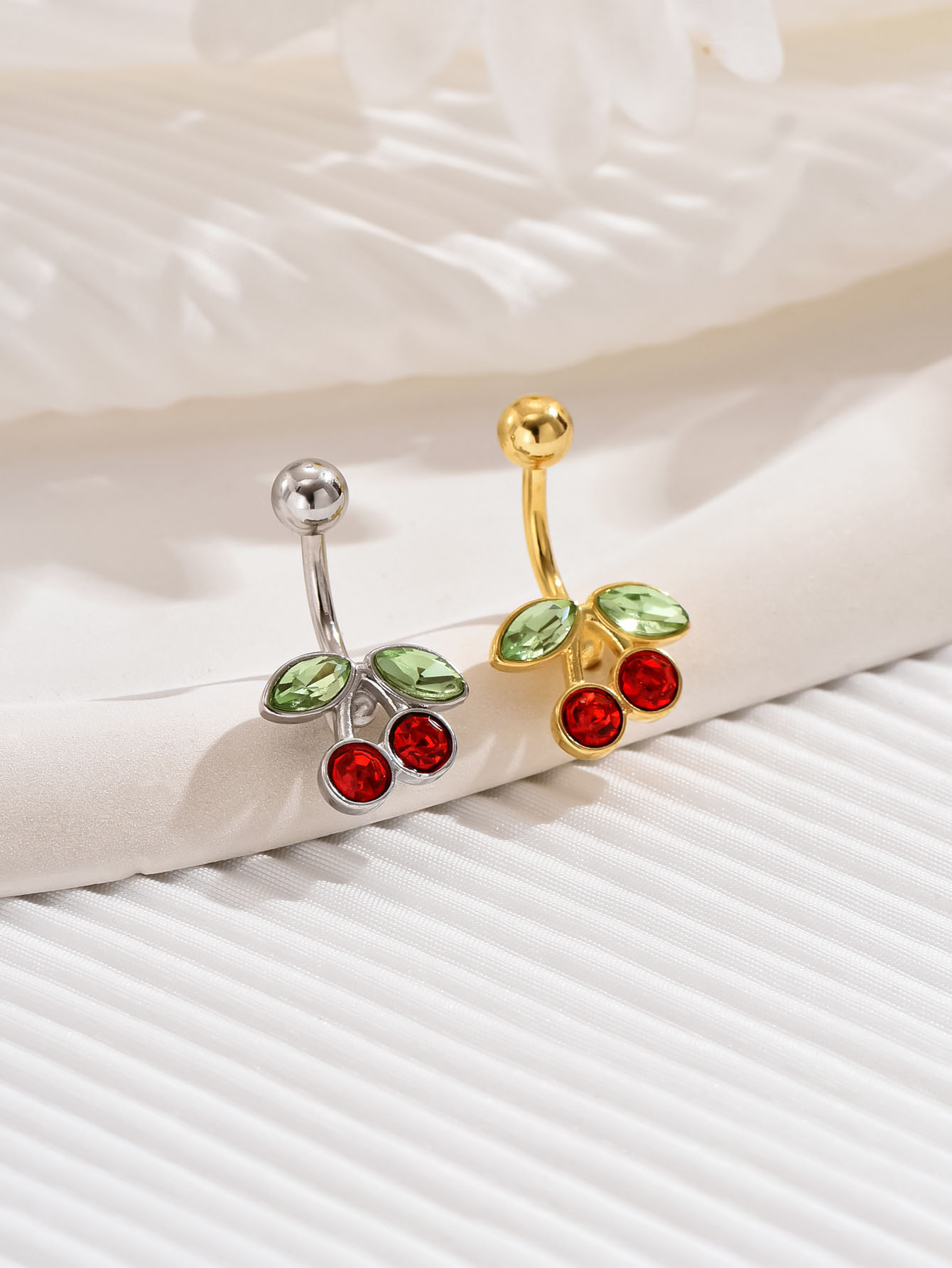 Anillo para ombligo de cereza de oro de 18 quilates chapado en acero quirúrgico bonito de 14G para mujer, Piercing para el ombligo, anillos para ombligo de fruta