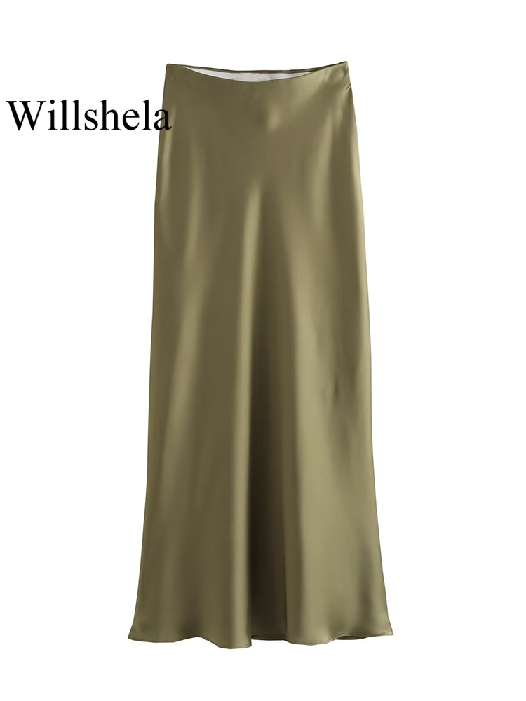 Willshela, falda Midi plisada lisa de satén a la para mujer, faldas elegantes Vintage con cintura media elástica para mujer