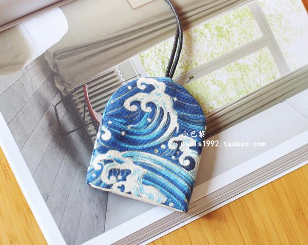 Handgemaakte vrouwen canvas trekkoord Sleutelhouder autosleutel protector Meisje Leuke key case Auto Sleutelhouder: Blue gold wave