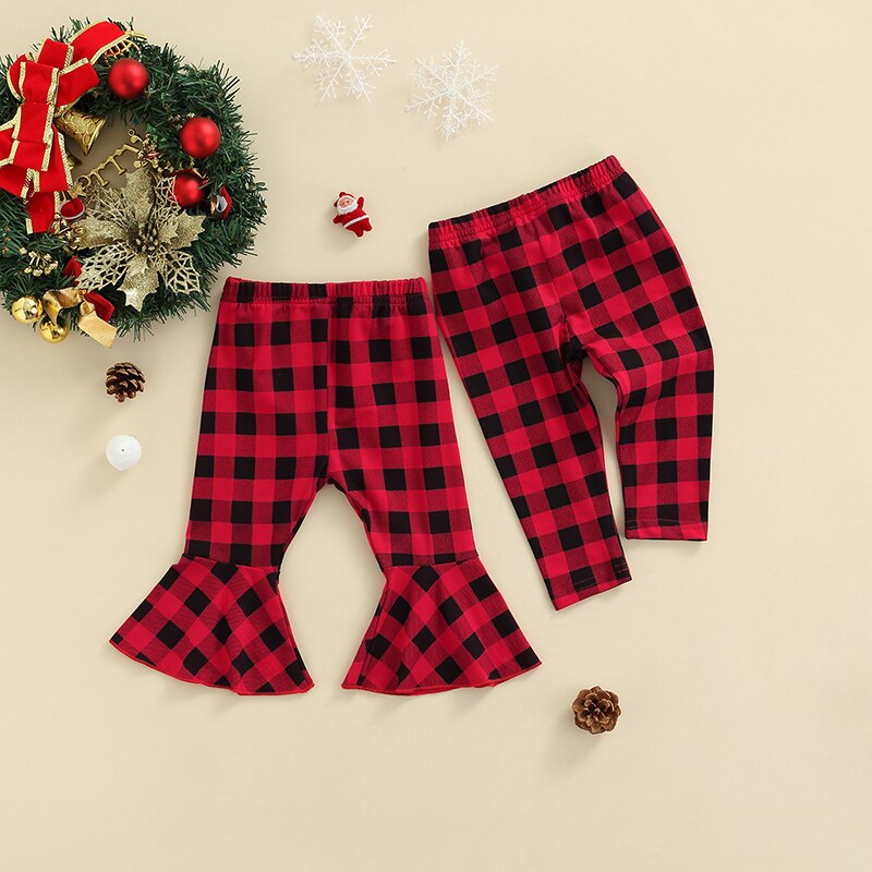 Pantaloni per bambini, stampa scozzese pantaloni dritti/larghi con volant allentati autunno inverno per bambine
