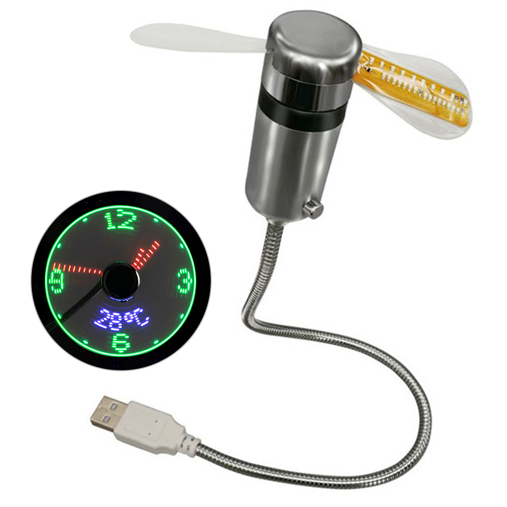 Portable Clock Fan RGB LED Night light 5V USB Hand Fan Real Time Temperature Display Metal Mini Fan for PC Laptop Desktop Cooler: WHITE