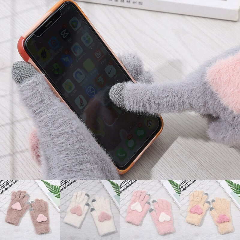 Vrouwen Roze Handschoenen Fluffy Pluche Handschoenen Winter Volledige Finger Handschoenen Liefde Hart Dikke Wanten Meisjes Warm Touchscreen Handschoen