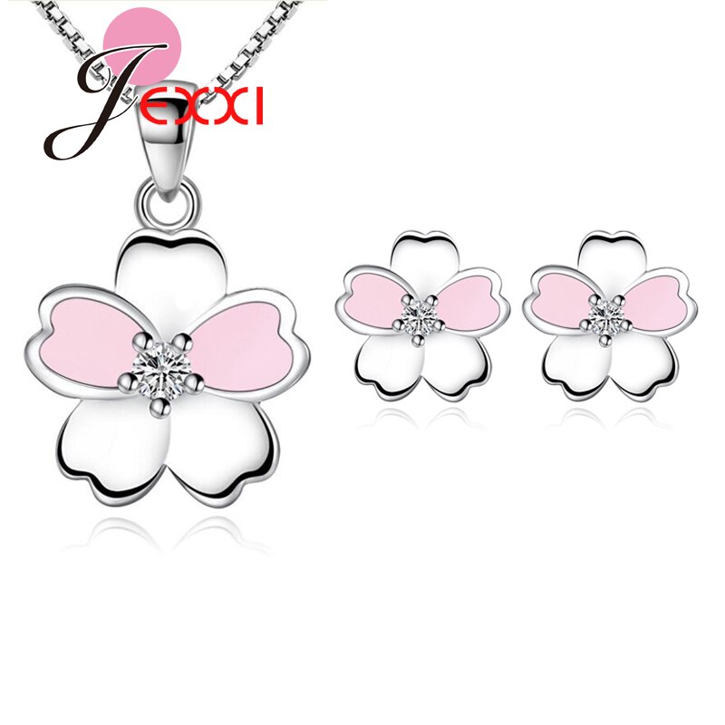 Nieuwkomers Kersenbloesems Bloem Ketting Oorbellen 925 Sterling Zilver Roze Glazuur Sakura Sieraden Sets Voor Mooie Dame: Necklace Earring