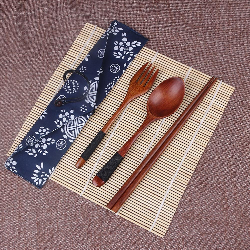 Japanese Style Portable Natural Wooden Eco-Friendly Flatware Set With Binding Wire Fork Spoon Chopsticks