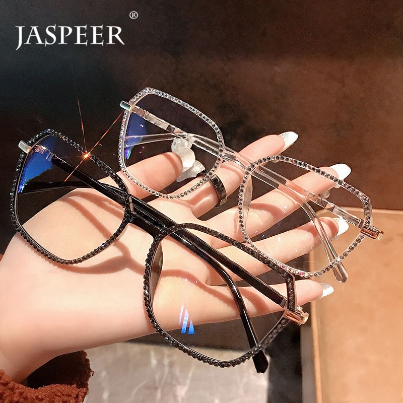 Jaspair luxe diamant Anti bleu lunettes femmes strass ordinateur lunettes hommes bleu lumière bloquant les cadres de lunettes