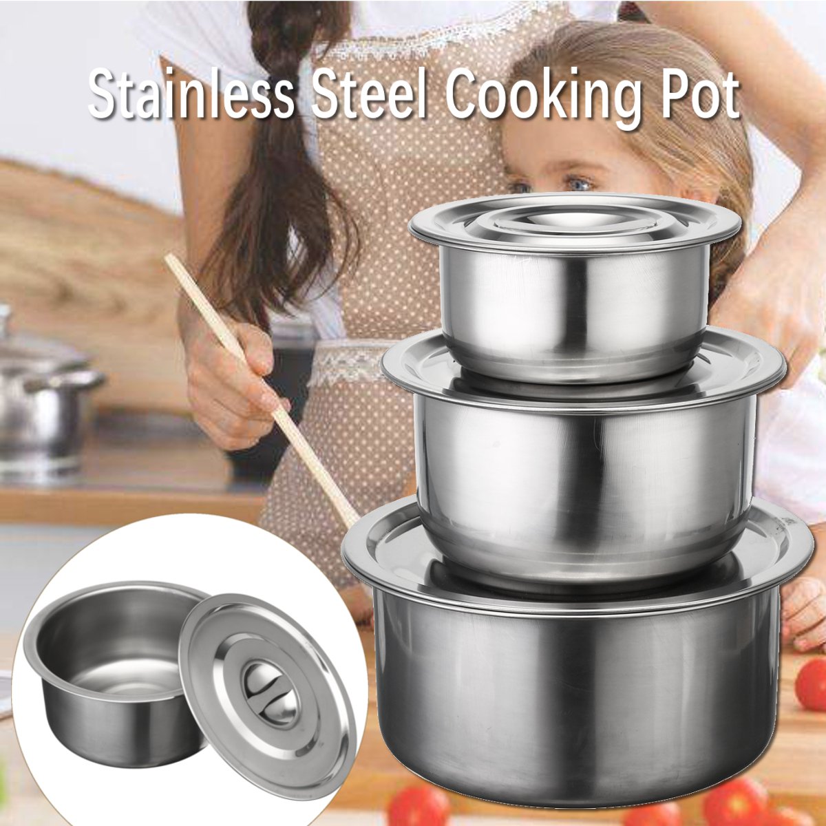 Stainless Steel 3PCS Soup Stock Pots Set with Lids Kitchenware Stew Pot Casserole Cooking Tools Cookware Kitchen Accessories