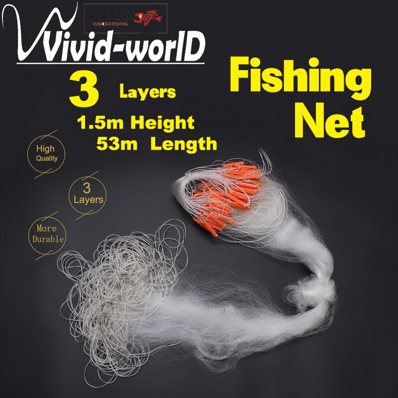 1.5 m*53m 3 Layers Multifilament fishing net height Fish Net Various Mesh Fishing Network Vivid-worlD YUMOSHI Brand