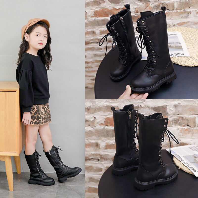 Autumn Martin boots sweet girls Korean long leather boots student cotton boots children&#39;s shoes boots wild trend