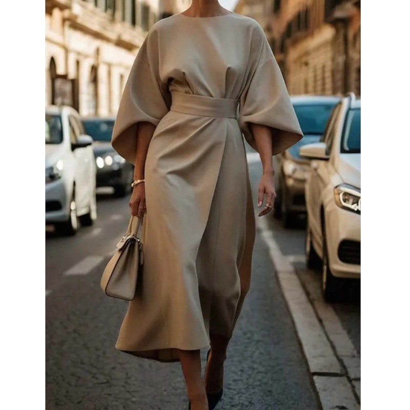 Oansatz Sieben-viertel Hülse Taille Jahrgang Kleid Für Frauen Elegante Einfarbig Temperament Fledermaus Hülse lässig Kleid weibliche