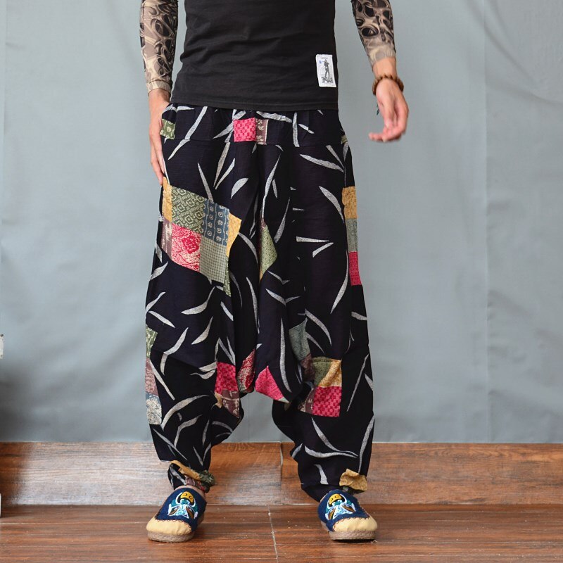 Pantalones bombachos para hombre con dibujo étnico bombachos grandes de algodón y lino respirables, pantalones largos Retro holgados con farol, pantalones de talla grande