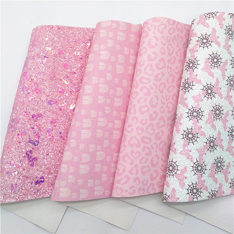 Pink Chunky Glitter Leather Leopard Velvet Fabric Pink Mirror Patent Synthetic Leather Vinyl Fabric For Bows DIY 21x29CM Q737