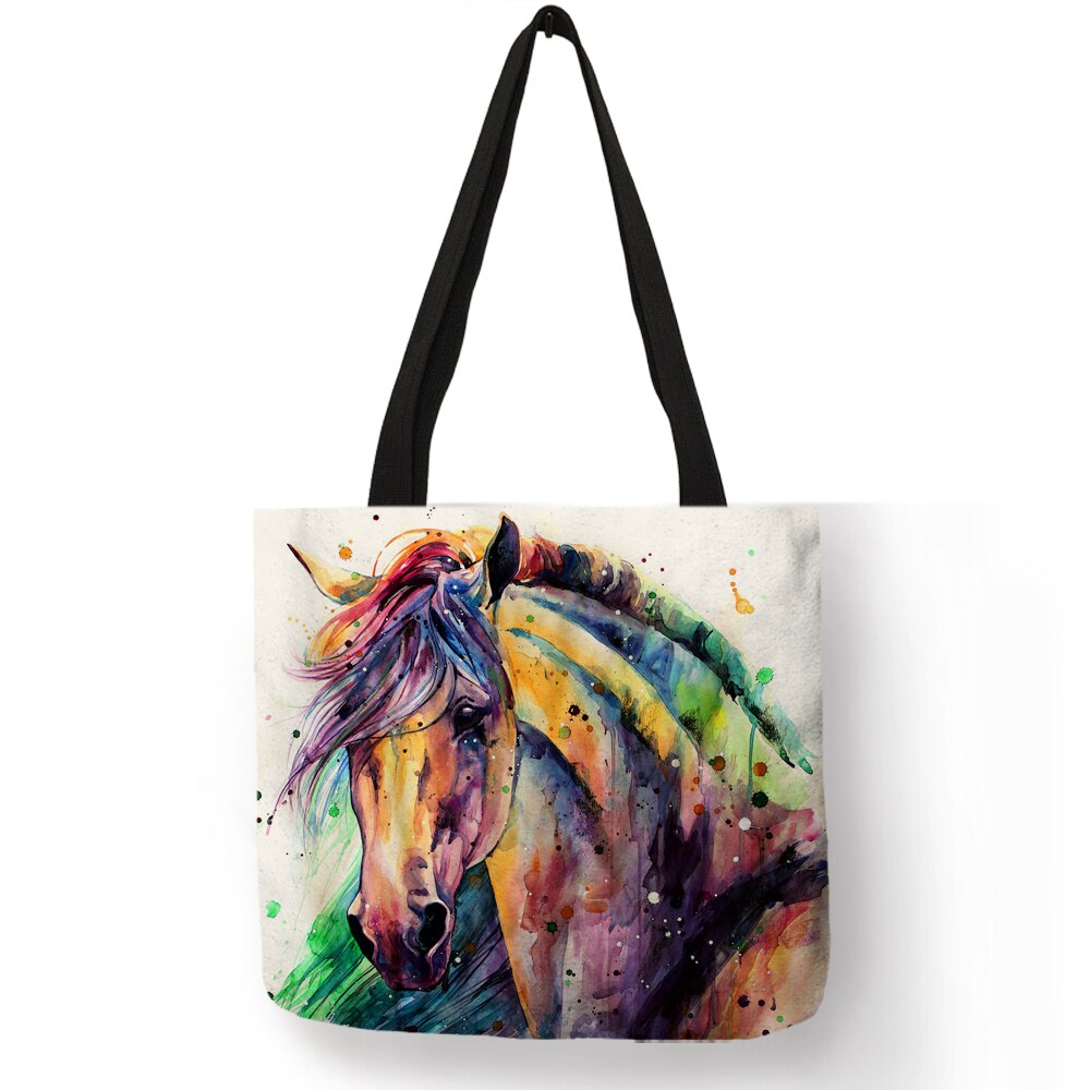 Aquarel Paard Print Linnen Shopping Bag Tote Folding Herbruikbare Reizen School Schoudertassen Casual Handtassen Voor Vrouwen: 002