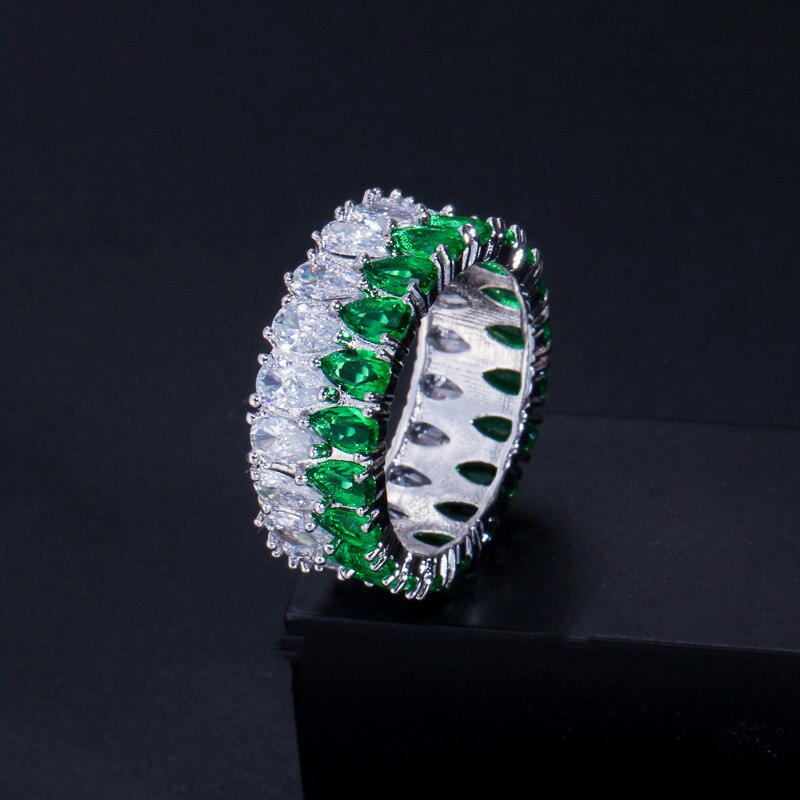 Silvershake Sterling Silver Eternity Ring - 5mm Round Green Nano Emerald & CZ, Size 5, Rhodium Plated