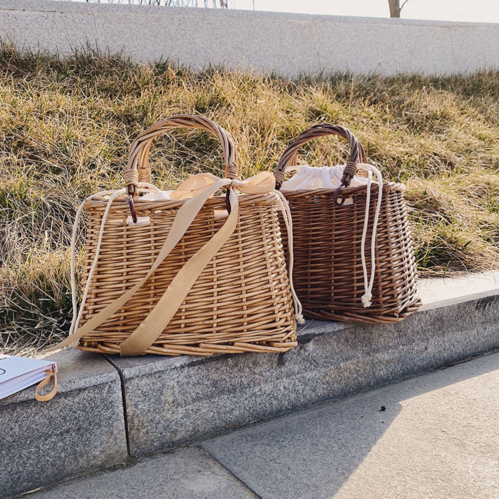 Håndlaget vevd stråveske kvinner kurv totes sommer bohem strand damer rotting strikket håndlaget kintted crossbody tote