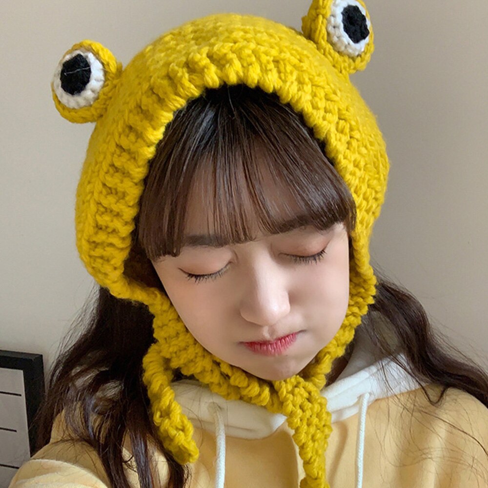 Winter skullies schattige vrouwen kikker hoed haak gebreide muts kostuum muts mutsen pet vrouwen hiphop pet fotografie rekwisiet feest: Geel