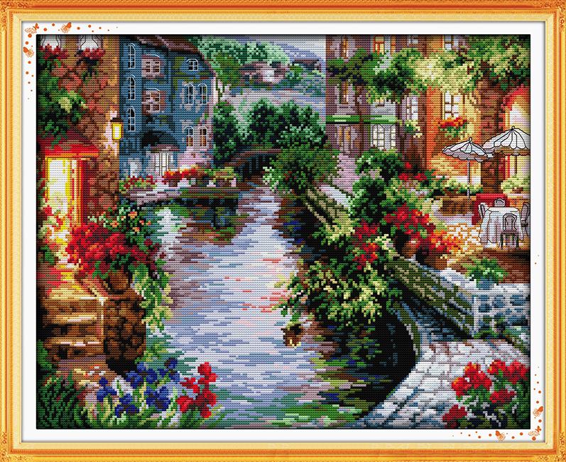 Kits de points de croix DMC | Toile imprimée comptée à motifs de paysage tranquille, bricolage broderie au point de croix: F401 / 11CT White Fabric