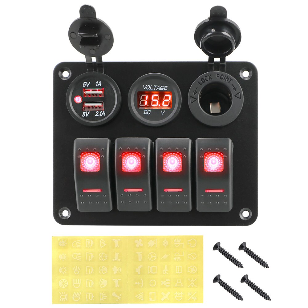 4 gangs 12v/24v led vippebryter panel dobbel usb port effektbryter vanntett digital voltmeter for bil rv campingvogn campingvogner: Rød