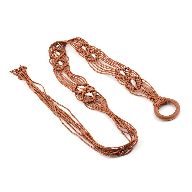 Shell Waist Rope Hand-knitted Knotted Belt Vintage Wooden Ring Buckle Decorative Dress Waistband Camel Beige: 2