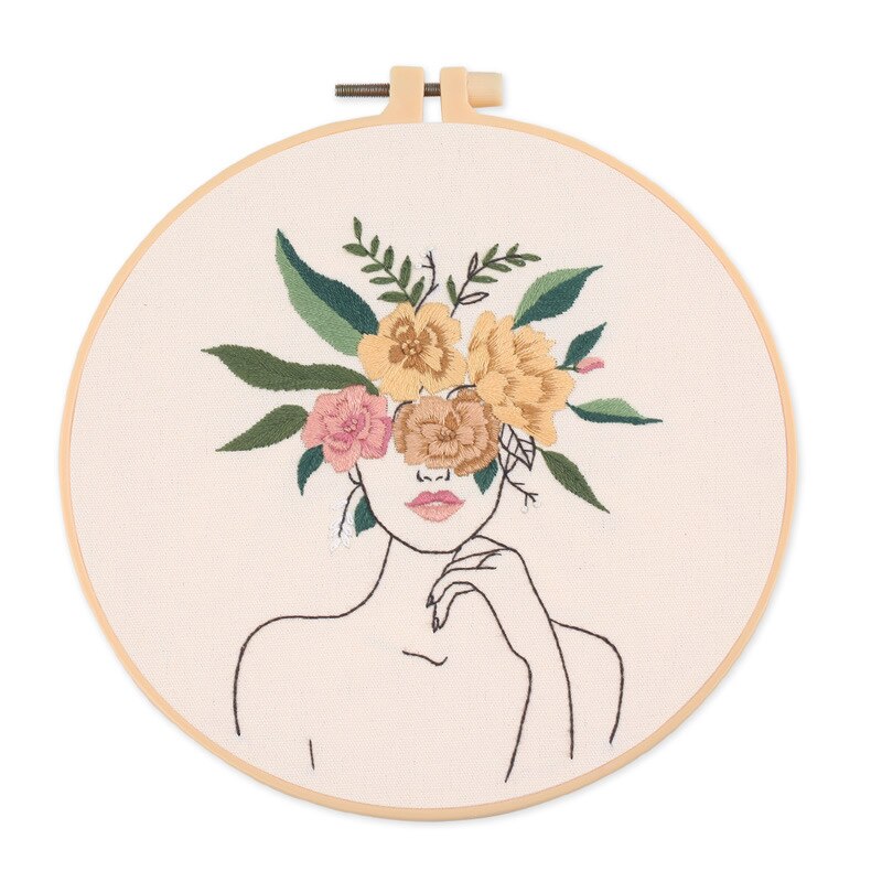 Flower Girl DIY Embroidery Start Kit with Hoop for Beginner Pattern Printed Figure Cross Stitch Sewing Art Craft: 3 / 20cm plastic hoop