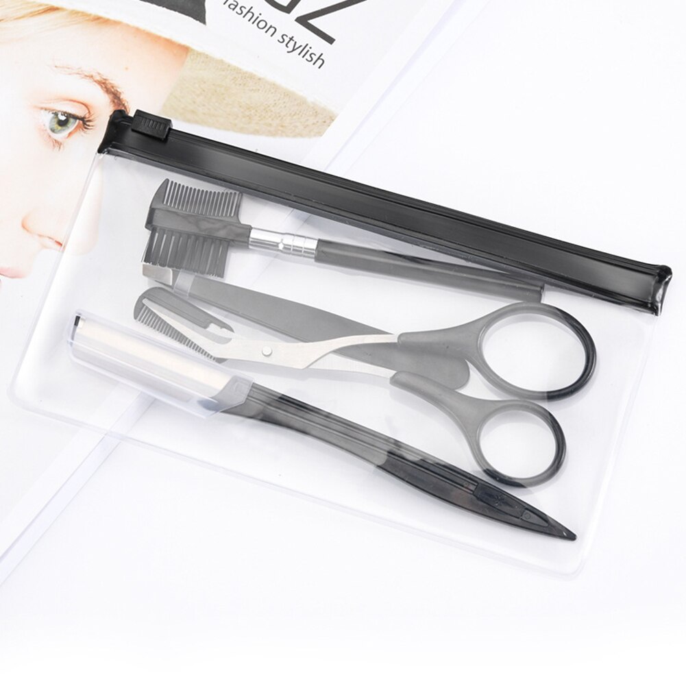 4 stuks wenkbrauwtrimmerset, kam, schaar met scheermes, epilator, gezichtsborstel, pincet, make-uptool, roestvrij staal, draagbare clip