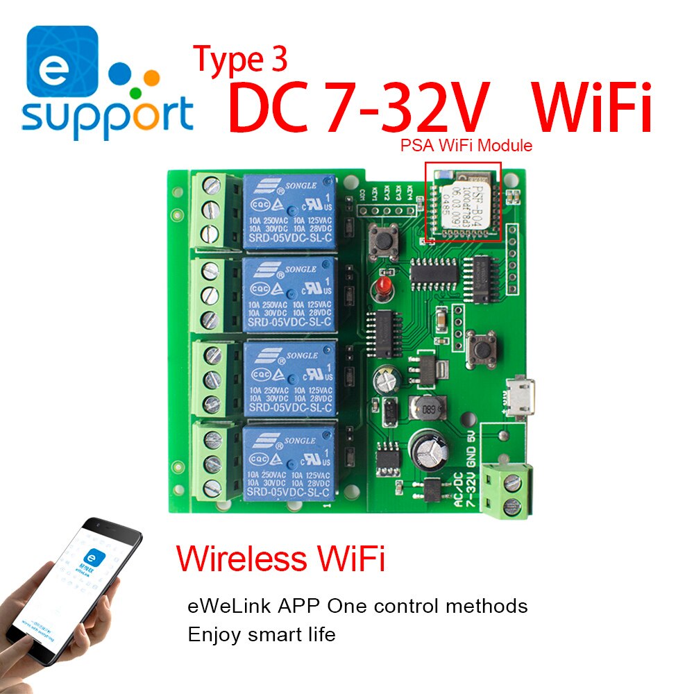 Dc 5V 7V-32V 250V Ewelink Diy Wifi Relais Module Schakelaar Ondersteuning Tippen Self-vergrendeling Interlock Modus Voor Verlichting: 4CH 7-32 WiFi
