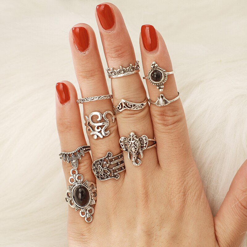 Tocona Vintage Antiek Zilver Kleur Zwart Opaal Olifant Ring Set Voor Vrouwen Gesneden Vinger Ringen Party Beach Ringen 10 Stks/set 4561