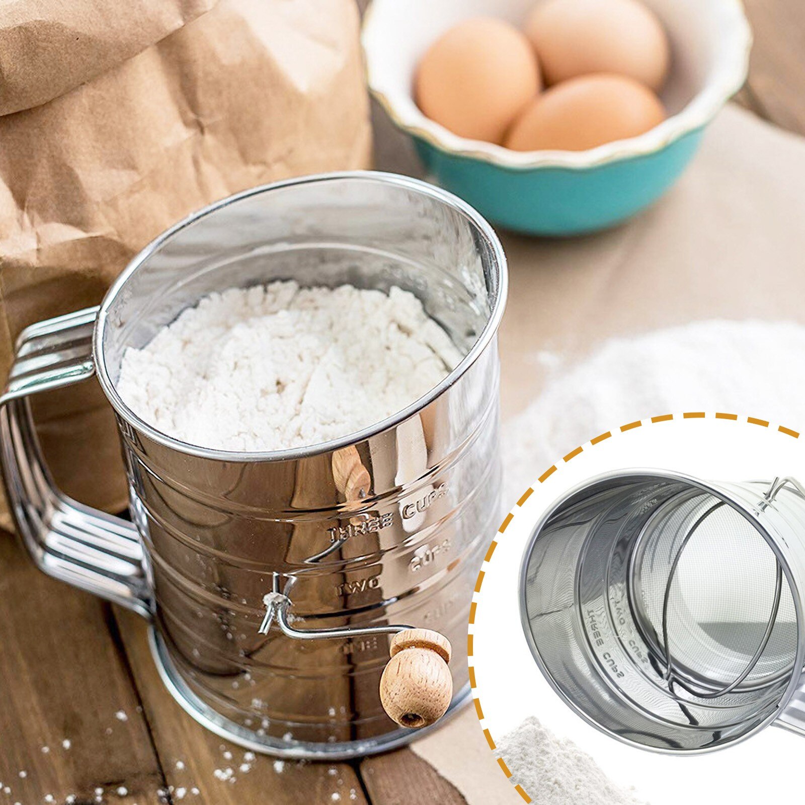 Tamiz de harina de manivela de mano rotativa de acero inoxidable de 3 tazas con 2 cables, agitador, mango de madera, accesorios de cocina, herramientas