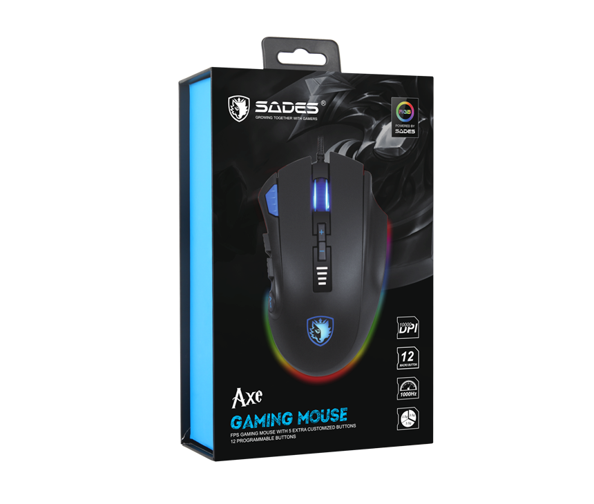 SADES S12 Axe Gaming Mouse Wired 12 Buttons Optical RGB Lighting Mouse For FPS&MOBA Gamers