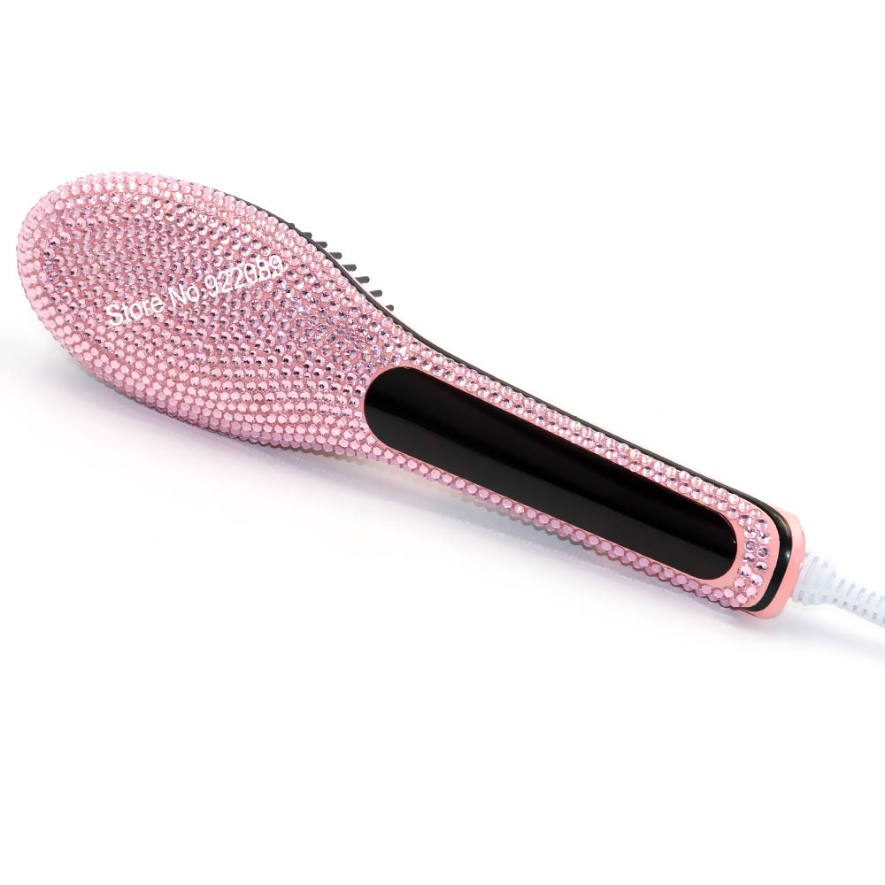 Pink Crystal Brush Hair Straightener Comb Irons With LCD Display Electric Straight Hair Comb Straightening: Pink Hot Brush / US