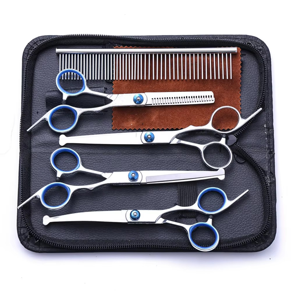 Ensemble de ciseaux de toilettage professionnels 5 en 1 pour chiens, ciseaux amincissants en acier inoxydable pour poils de chiens et de chats avec pointe ronde de sécurité pour animaux de compagnie: Bleu marine