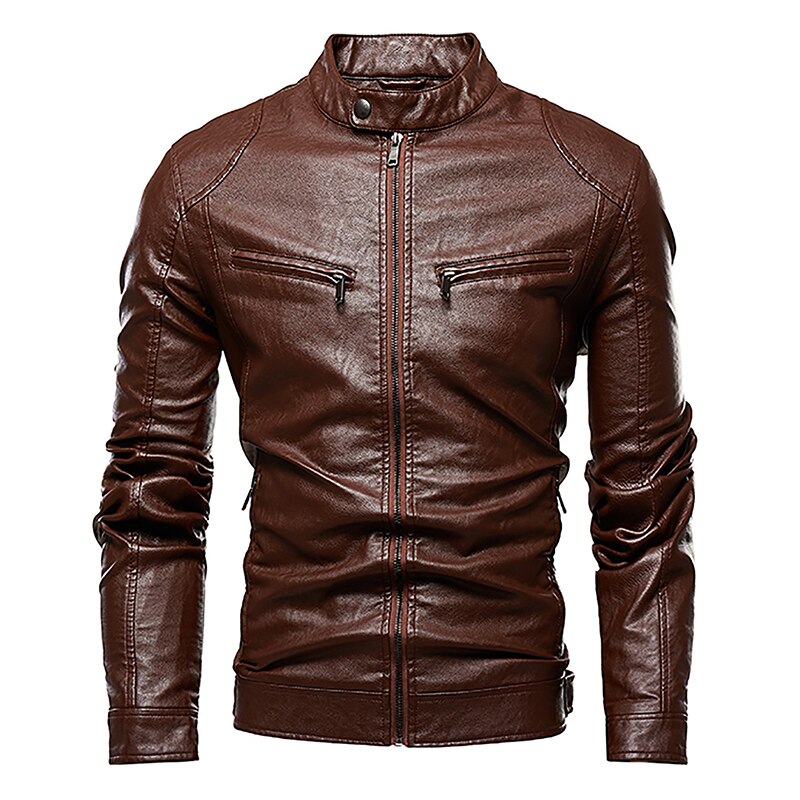 Thoshine Brand Slim Lederen Jassen Mannen Superieure Zip Mode Uitloper Jassen Stand Kraag Man Lente Herfst Jassen Tops: Wine red / Xl