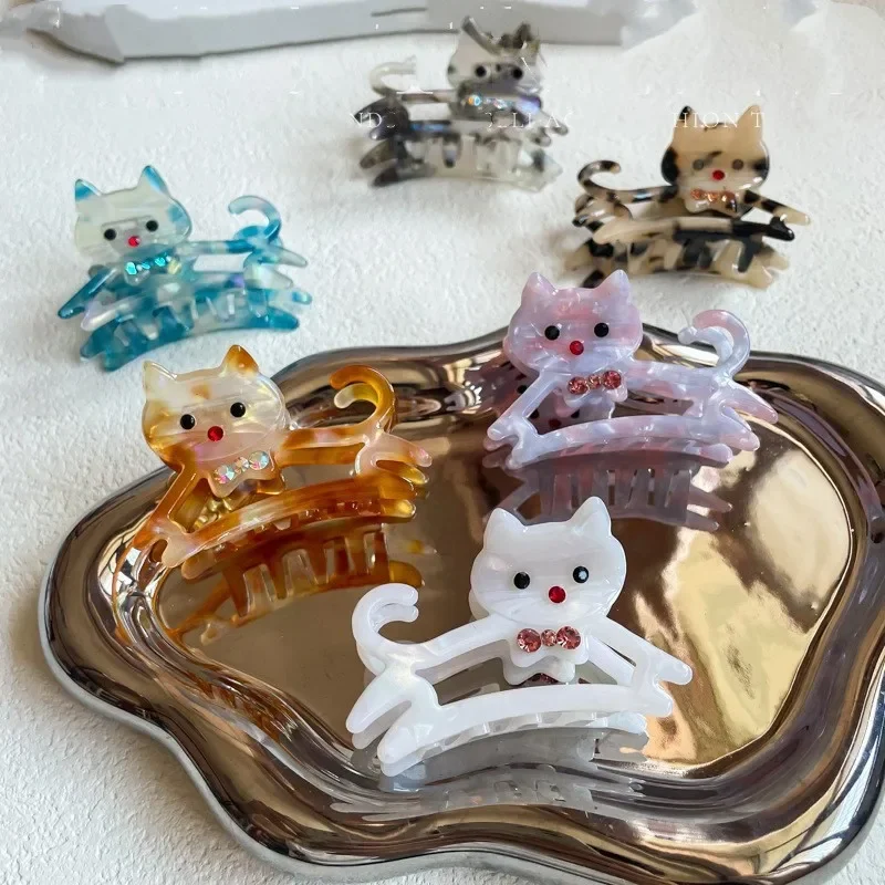 Pinza para el pelo de gato con diamantes de imitación para mujer y niña, pinzas para el pelo de acetato con dibujos de animales, gatito y cangrejo, accesorios para el cabello Kawaii