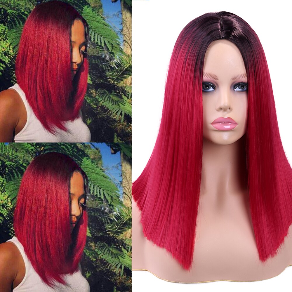 Yndlings syntetisk bob paryk lige sort rød pink blå grå orange farve varmebestandig fiber syntetisk cosplay festhår til kvinder: Rød