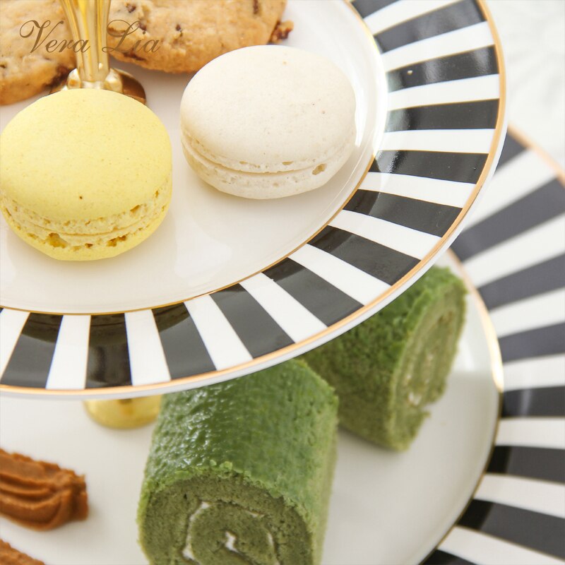 2 tier Cake Plate Stand Black and White Check Porcelain Snack Plate Fruit Holder Classic Ceramic Kitchen Dish For Party Wedding