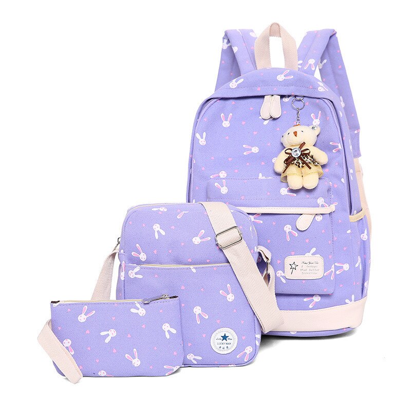 3Pcs/set Women Backpack School Bags Rabbit print Laptop Backpacks With Bear for Teenagers Girls Travel Bag Rucksacks Mochila: Purple