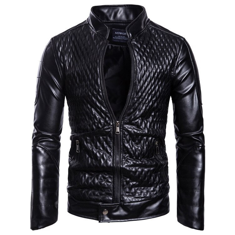 Nueva chaquetas de cuero rojo para hombre Abrigos de cuello alto diamante entramado motocicleta PU prendas de vestir exteriores para hombre chaqueta de abrigo de ropa: Black / XXL