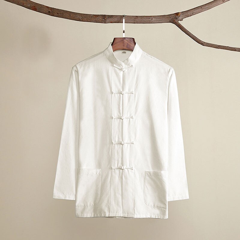 Umorden Pure Cotton Two Layer Traditional Chinese Outfit Tang Suit Long Sleeve Hanfu Top Kung Fu Coat Jacket Uniform for Men: White Top Only / XXXL(185)